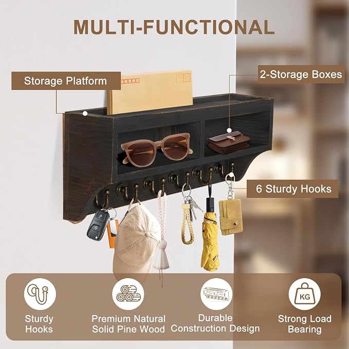 Key Holder Wall Mount with Mail Organizer, 6 Hooks & Shelf, Black | Wood Key Holder Wall Mount with 6 Key Hooks, Shelf & Storage Box and Mail Organizer for Entryway, Apartment, Home and Office