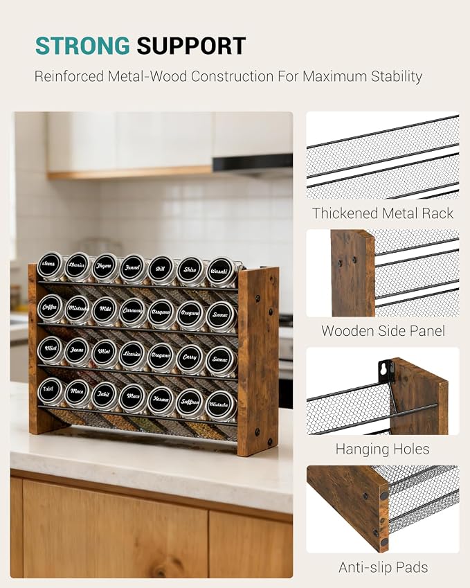 NESAPTO Spice Rack Organizer with 28 Glass Spice Jars, Wood 4-Tier Seasoning Organizer with Labels for Cabinet, Pantry, Countertop or Wall Mount, Chalk Marker and Funnel Set, 14" W × 9.4" H