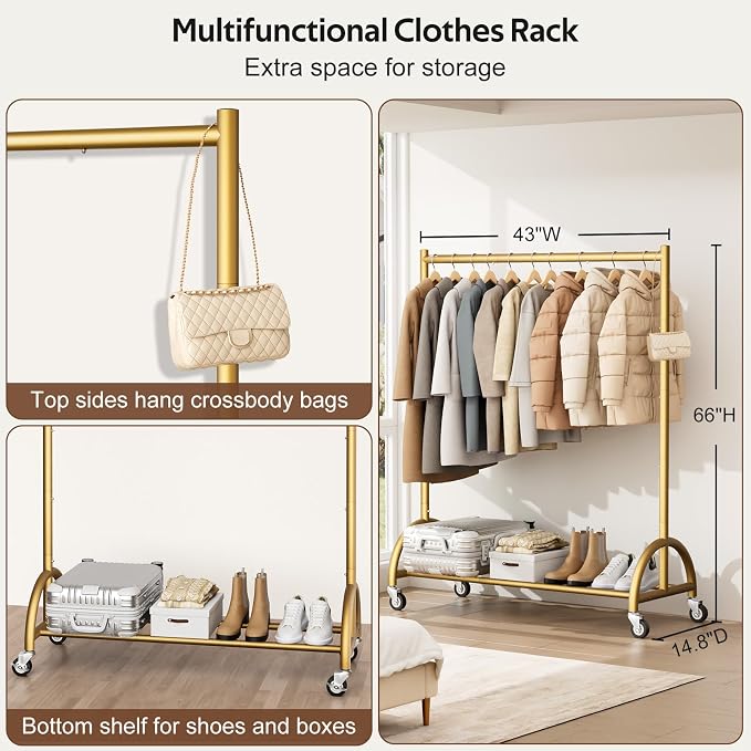 MISSLO Heavy Duty Clothing Rack with Wheels Rolling Clothes Racks for Hanging Clothes, Coats, Garment, Dress, Gold