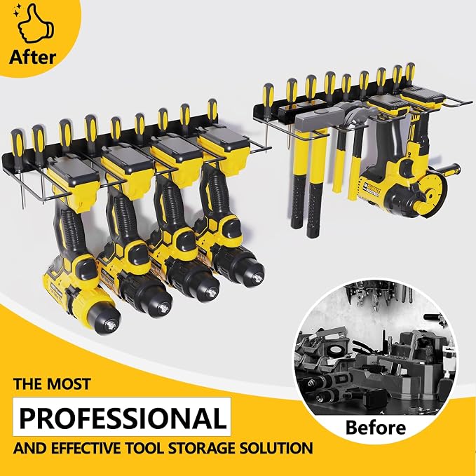 2 Pack Drill Holder, Power Tool Organizer Wall Mount, Heavy Duty Garage Storage and Tool Organizer, Ideal Garage Organization Gifts for man, 8 Slots for Power Tools and 32 Screwdriver Rack