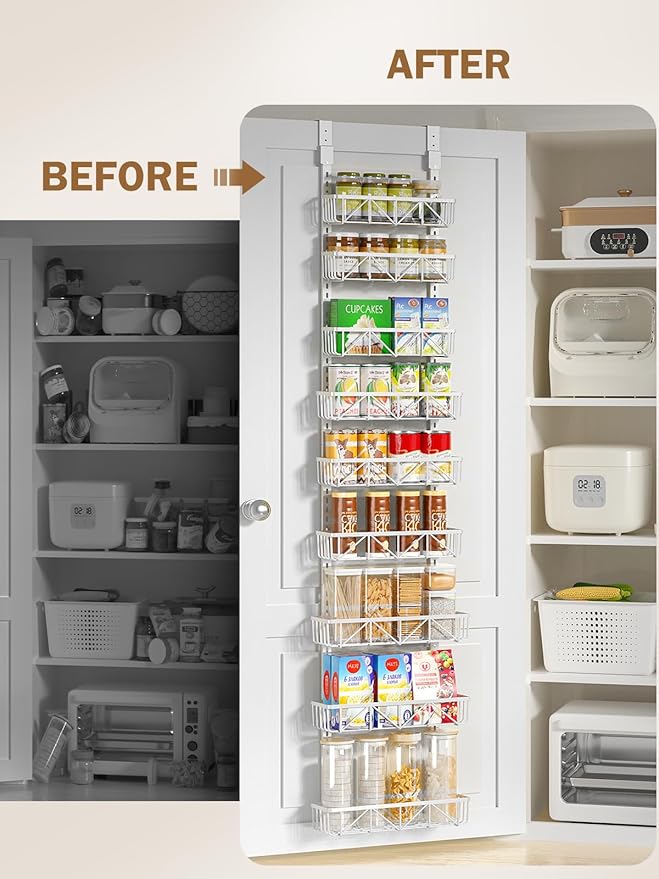 Delamu Narrow 9-Tier Over the Door Pantry Organizer, Adjustable Pantry Storage, Metal Hanging Spice Rack, Cabinet Door Organizer for Kitchen, Bathroom, Laundry Room, 12.5" White