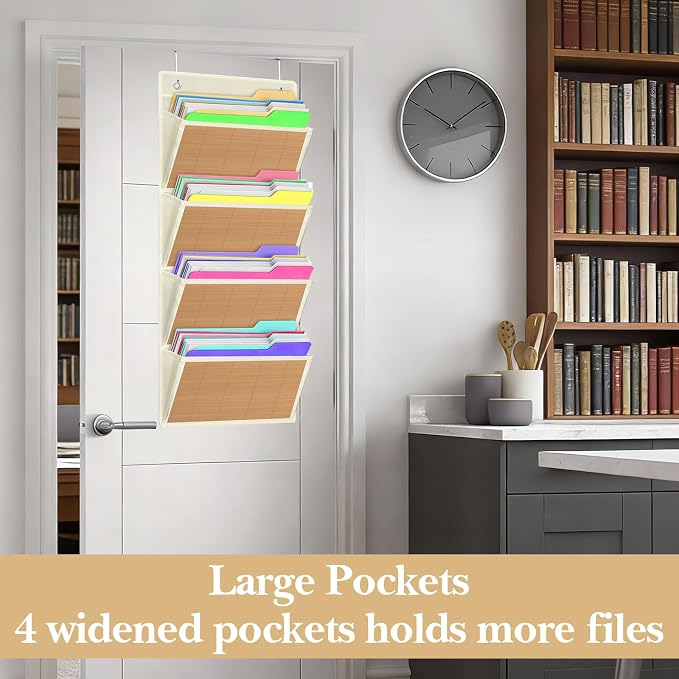 hanging wall file organizer, Over the door file folder organizer with 4 Large Bamboo Pockets, Suitable for Home, Office, Back to School Supplies Storage and Organization (Beige)