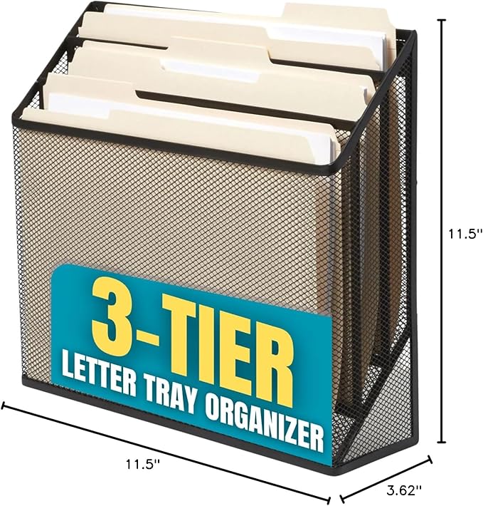 1InTheOffice 3 Tiers File Folder Organizer, Desk Sorter, Black Mesh