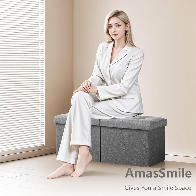 AmasSmile Footrest Ottoman Storage Bench, 34" Linen Folding Stool, Gray | Large Ottoman with Storage, Thicker Foam Padded Seat, Livingroom, Dorm, Bedroom, Entryway, Easy to install,34 x 13 x 13in