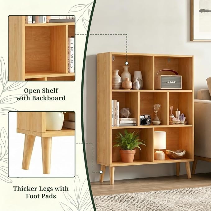 7 Cube Storage Organizer Shelf，Open Cube Bookshelf with Legs | 3 Tier, Mid-Century, Heavy Duty, Modern Bookcase, Display Shelf, Living Room, Bedroom, Office, Deep Natural