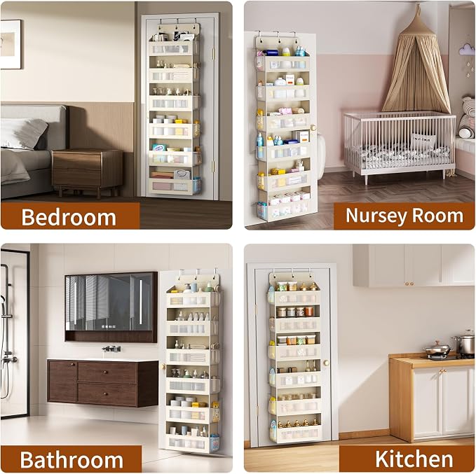 AQOOA 6-Tier Over The Door Organizer 44 lbs Capacity fit Standard Doors | Over the Door Storage 6 Large 12 Side Pocket Behind Door Storage, Closet Door Organizer Hanging Shelf, Beige