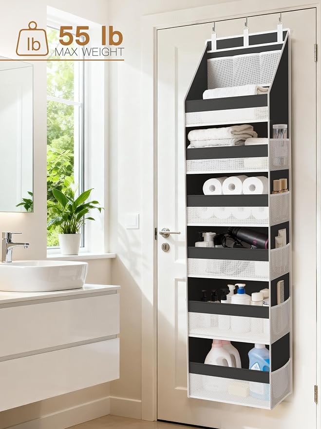 Criusia Over the Door Organizer, Heavy-Duty 6-Shelf Hanging Storage with 13 Mesh Pockets, 55lbs Capacity Behind the Door Storage for Nursery, Bathroom, Bedroom, and Dorm, Black