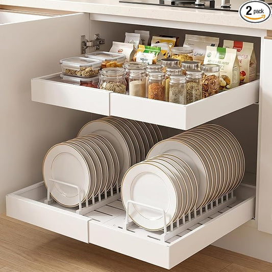DOMNIU 2 Pack Pull Out Cabinet Organizers Expandable Width (12.4''-20.27'') | Upgrade 3 Slide Rails Sliding Drawer for Kitchen Cabinet Organizer with Adhesive Nano Film, White