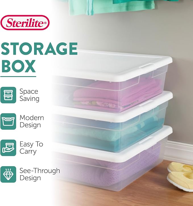 Sterilite 40 Pack Storage Box, 28 Quart Stackable Tote, Clear Plastic Container with Secure Snapping Lids for Home and Office Organization, White