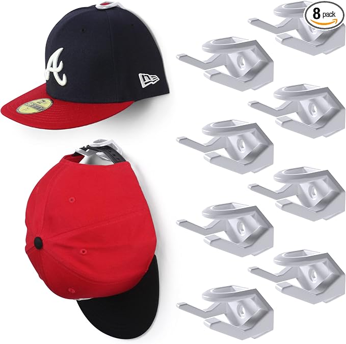 Adhesive Hat Hooks for Wall (8-Pack) - Hat Rack for Baseball Caps, Minimalist Hat Display, Strong Hold Hat Hangers for Wall - USA Patented, White