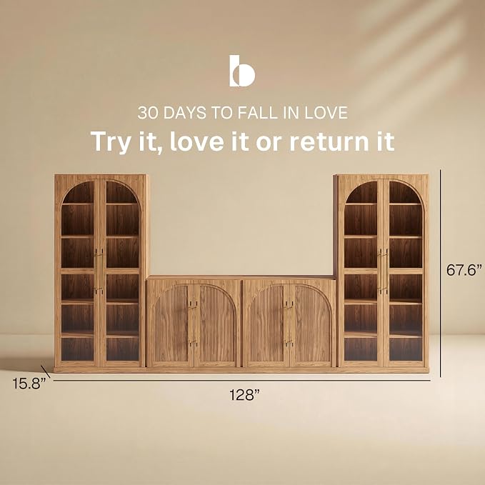 BELLEZE 4-Piece Modular TV Stand Set - 2 Double-Arc Wood Door Sideboards and 2 Tall Storage Cabinets, Classic Modern Media Console with Adjustable Shelves for Living Room(Camel)