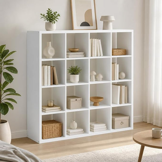 16-Cube Cubicle Bookshelf, Cube Bookcase with Open Back, Reversible Book Shelf, Cube Storage Organizer, 15 x 58 x 58, for Living Room, Home Office, White