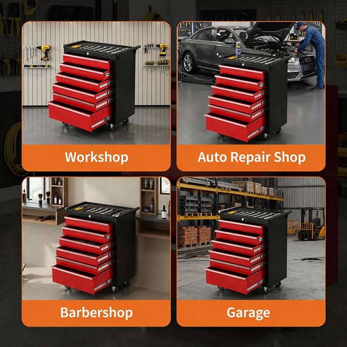 Garvee Rolling Tool Chest, 6 Drawers Tool Storage Cabinet, Toolbox with Wheels, Portable Tool Cabinet Organizer with Locking System & Drawer Liners, Tool Storage Cart for Garage, Workshop, Black＆Red