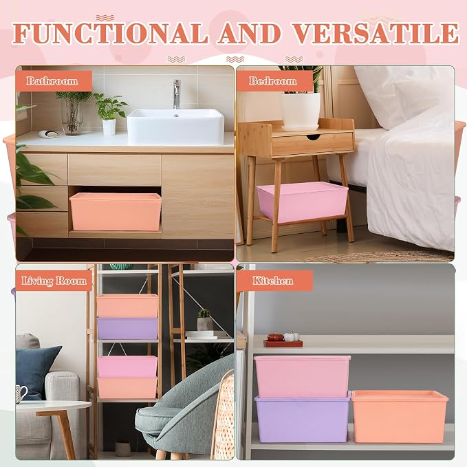 6 Pcs Large Plastic Storage Bins with Lids 14.4 x 10.4 x 5.1 Inch Stackable Storage Containers Decorative Cubby Organizer for Clothes Shelves Garage Closet Office (Pastel)