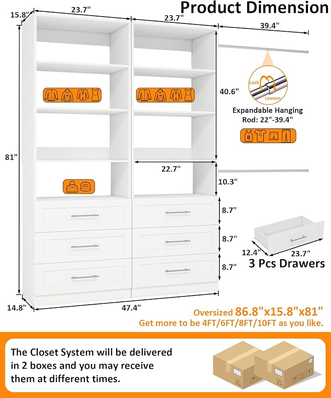 Closet System with 6 Drawers & 8 Shelves, Wood Closet Organizer System with 2 Extra Hanging Rod for Walk in Closet, Modular Closet Organizer System White(4FT)