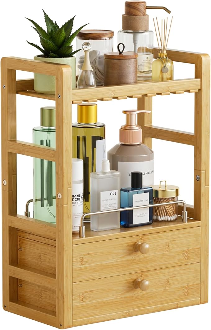 AmazerBath Bamboo Bathroom Counter Organizer, 2-Tier Makeup Organizer with 2 Drawers, Vanity Organizer Storage Coffee Matcha Station, Compact Shelf for Bathroom Kitchen Office Countertop