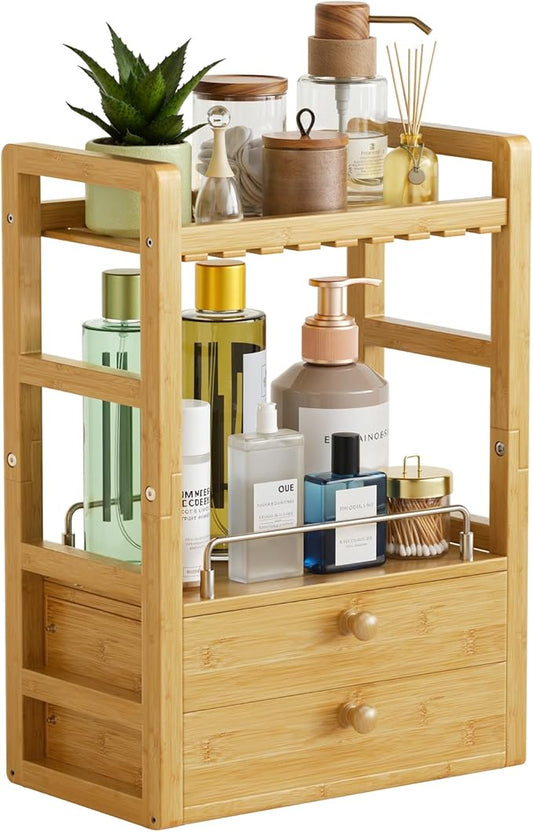 AmazerBath Bamboo Bathroom Counter Organizer, 2-Tier Makeup Organizer with 2 Drawers, Vanity Organizer Storage Coffee Matcha Station, Compact Shelf for Bathroom Kitchen Office Countertop