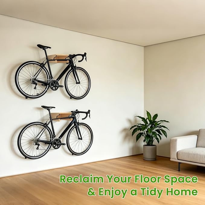 Wooden Bike Wall Mount w/Shelf & Hooks, Road Bike Storage Decor | Solid Wood Rack w/ Angled Slot & Non-Slip Padding Protects Frame. Top Shelf & 4 Hooks For Gear. Stylish For Apartments