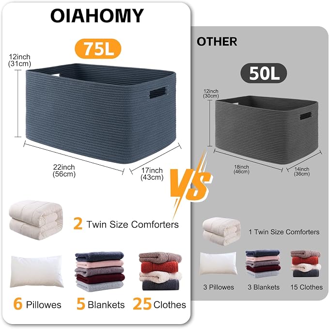 OIAHOMY 75L Large Blanket Basket, Woven Storage Basket with Handle, Cotton Rope Basket 22”x17”x12”,Blanket Basket Living Room, Toy Basket for Nursery, Blue