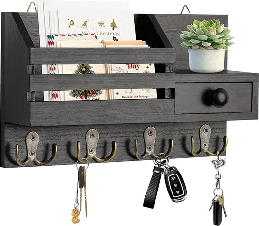 Key Holder Wall Mount, Wooden Key and Mail Organizer, Black | 2 Mount Options, Includes 8 Hooks, Fence Mail Slot, Small Drawer and Shelf, for Entryway, Hallway, Doorway, Living Room, RV