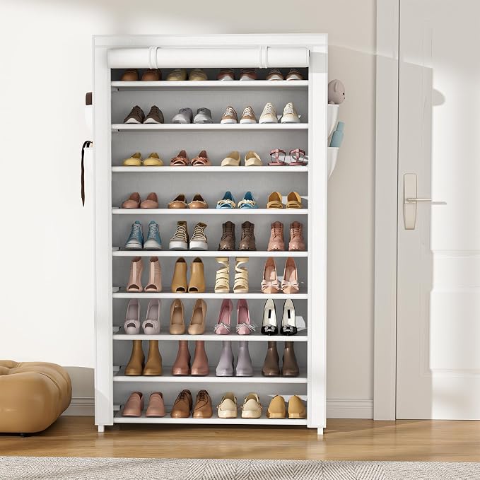 VILICK Shoe Rack with Cover Narrow Shoe Organizer with Pockets 10 Tier Tall Shoe Storage Holds 36-41 Pairs Shoes and Boots Shoe Rack for Closet Entryway Garage, White