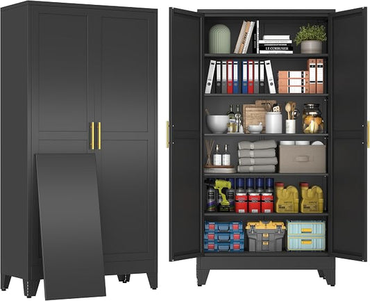 79" Black Metal Storage Cabinet with 2 Doors and 5 Adjustable Shelves,Steel Garage Tool Cabinet, File Cabinet,Kitchen Pantry Cabinet for Home,Office,Garage,School,Warehouse