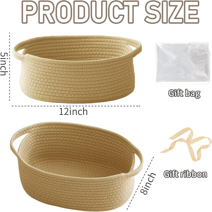 JMvicyroam Small Woven Basket, Empty Gift Basket, Jute/3 Pack | Small Gift Basket, Cotton Rope, 12 x 8 x 35 in, Handles, Includes Ribbon and Bag, Birthday Gift Basket