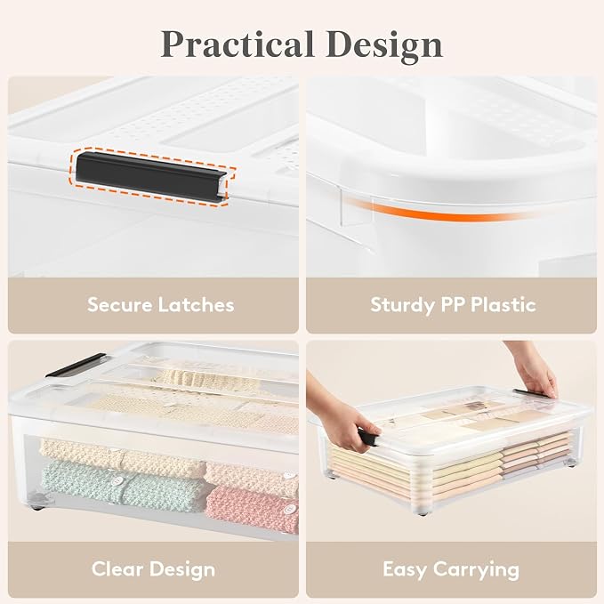 Lifewit 44Qt Storage Bins with Lids, Plastic Large Latches Boxes with Wheels, Clear Totes Tubs Container for Closet Organizers and Storage, Bedroom, Clothes, Craft, 4 Pcs