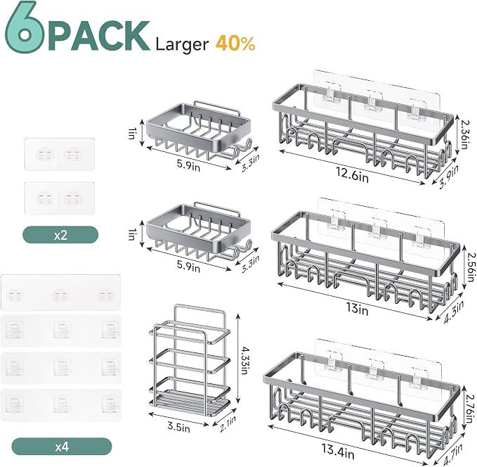 Veken Shower Caddy 6-Pack, No Drilling & Rustproof, Waterproof Adhesive Shelves Rack with Soap Holder, Large Capacity Bathroom Organizers and Storage, Wall-Mounted Kitchen & Home Decor, Silver Gray