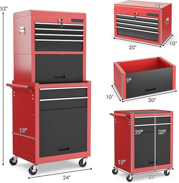 Goplus Tool Chest, 3-in-1 Rolling 6 Drawers Tool Cabinet with Detachable Top Toolbox, Middle Tool Storage, Universal Lockable Wheels, Protective Liner, Auto Lock, Metal Tool Box for Garage Workshop