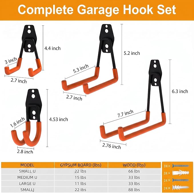 Garage Hooks, 12 Pack Wall Hooks for Hanging Heavy Duty Ladders, Bikes, Tools Ideal for Garage, Garden, Basement Utility Room Storage (Orange)