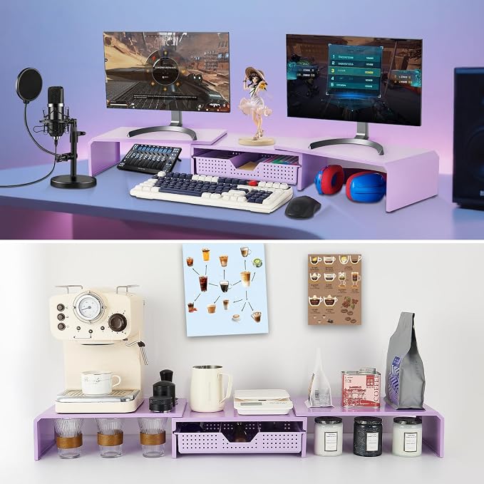 LEKETREE Dual Monitor Stand Riser with Drawer, Desk Organizer and Accessories, Metal Laptop Stand for Desk, Workspace Desktop Stand for Computer, Laptop, TV and More (Purple)