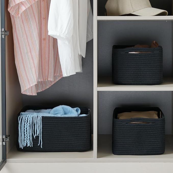 3-Pack Small Storage Baskets for Organizing | Woven Shelf Toy Basket | Rope Baskets for Gifts Empty | Closet Organizer Bins with Handles | Cube Decorative Box | 11.8×7.8×5.1” | Mixed Black