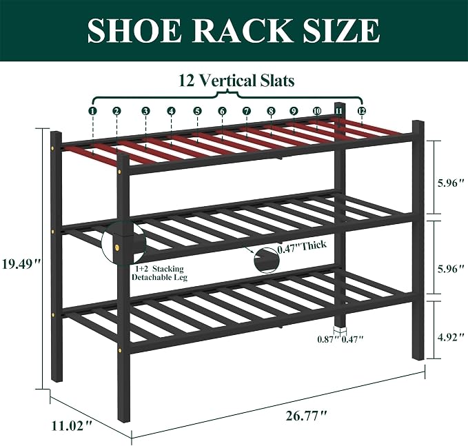 Smiry Bamboo Shoe Rack, 12 Vertical Slats, 3 Tier - 26.8" Wide, Black | Stackable Free Standing Wooden Shoe Organizer, Wood Shoe Storage Shelf for Closet, Entryway