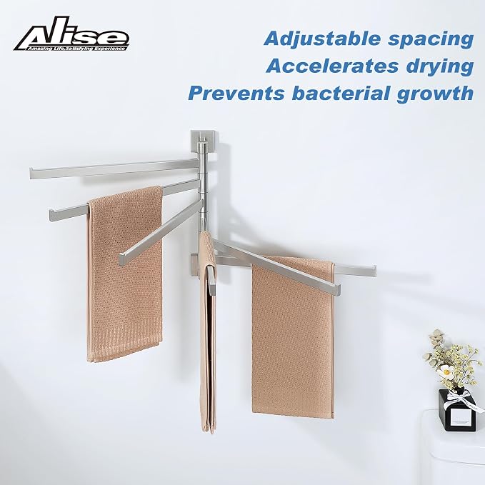 Alise 6 Arm Swivel Towel Rack, Swivel Towel Bar Brushed Nickel, 13.6 Inch | Space Saving Swing Arm Towel Rack for Bathroom Kitchen Outdoor, 180° Rotating, SUS304 Stainless Steel