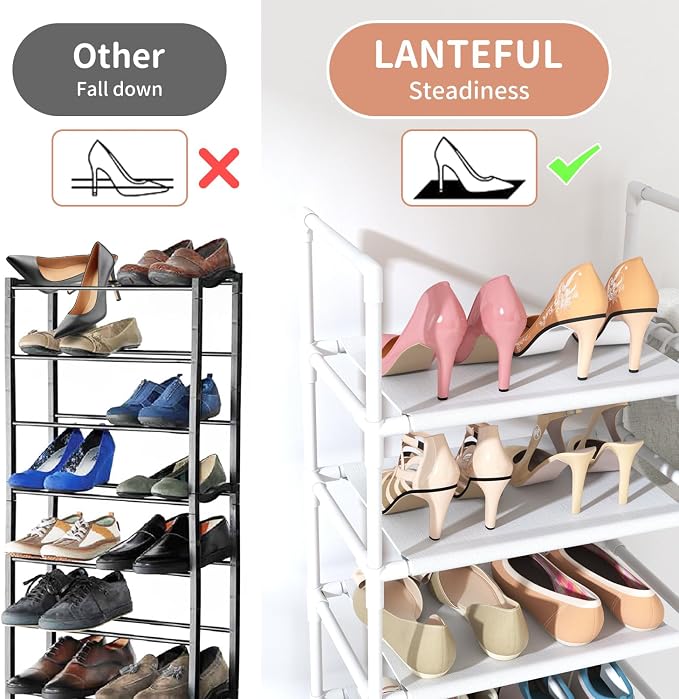 LANTEFUL 10 Tiers Tall Shoe Rack 20-25 Pairs Boots Organizer Storage Sturdy Narrow Shoe Shelf for Entryway, Closets with Hooks, White