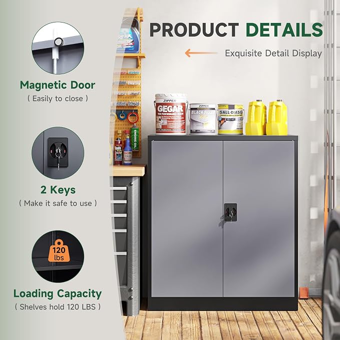 Letaya Metal Storage Cabinets with Lock Door,2 Adjustable Shelves Organizer Steel Storage Cabinets for Home,Office,Warehouse,Garage,Employee Lockers(Black Gray)