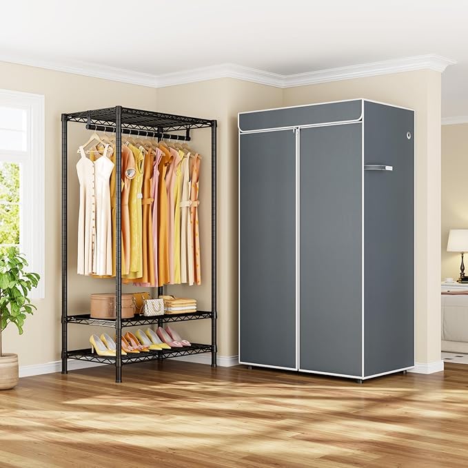H5C Clothes Rack with Cover, Covered Clothing Rack Heavy Duty | Garment Rack with Shelves, 3-Tier Portable Closets for Hanging Clothes, Max Load 360LBS, Black Closet Racks with Gray Cover