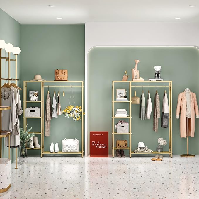 TIEOU Modern Gold Clothes Racks Free-Standing, Gold Clothing Rack with Shelves for Boutiques, Heavy Duty Garment Rack for Hanging Clothes, Large Wardrobe Closet