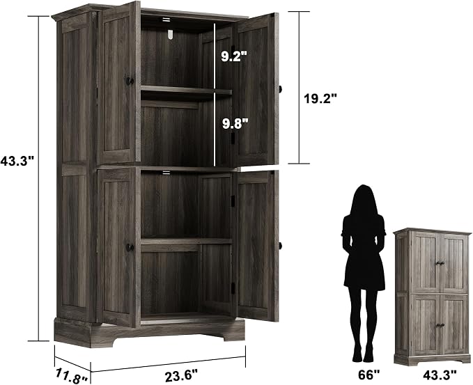 ChooChoo Bathroom Floor Cabinet with Adjustable Shelves | Bathroom Storage Cabinet, 4 Doors, Freestanding Cupboard for Living Room, Kitchen Pantry, Retro Grey