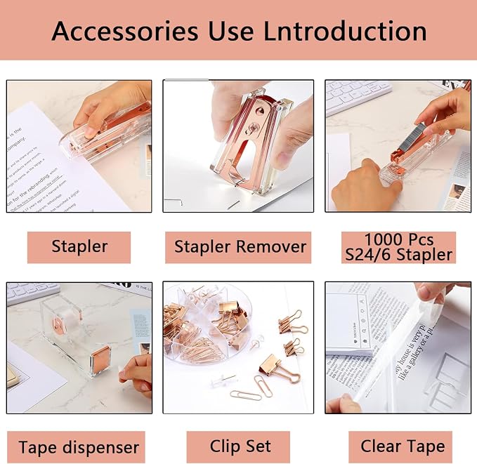 suniya Office Supplies,Rose Gold Desk Accessories,with Stapler,Tape Dispenser,Pen Holder,Scissors,Phone Stand,Staple Remover,Ballpoint Pen,Clear Tape,Staples,Ruler,Clips,Best Gift for Business or Boss