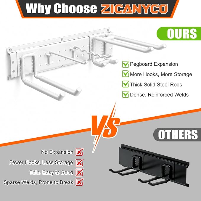 Garage Tool Organizer Wall Mount 66 inches with 13 Adjustable Heavy-Duty Hooks, Garage Organization, Garden Tool Storage Rack for Garage,Yard,Shed, Holds Up to 520 lbs,White