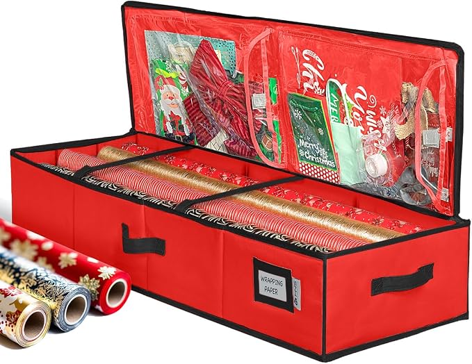 HOLDN’ STORAGE Premium Wrapping Paper Storage Container, Red/Black Trim | Durable 600D Tear-Proof, Fits 27 Rolls Gift Wrap, Extra Pockets for Ribbons & Bows, Underbed Storage