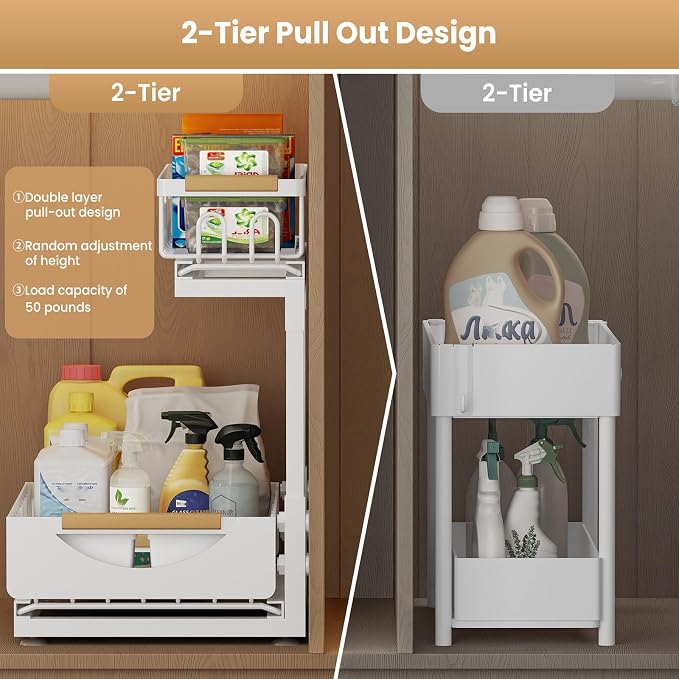 Under Sink Organizer and Storage 2 Tier Cabinet Pull Out Shelf Organizers | 2 Pack 2 Tier under sink storage for Bathroom and Kitchen Slide Out Drawer Organization for Home Cabinets Shelves and Drawers