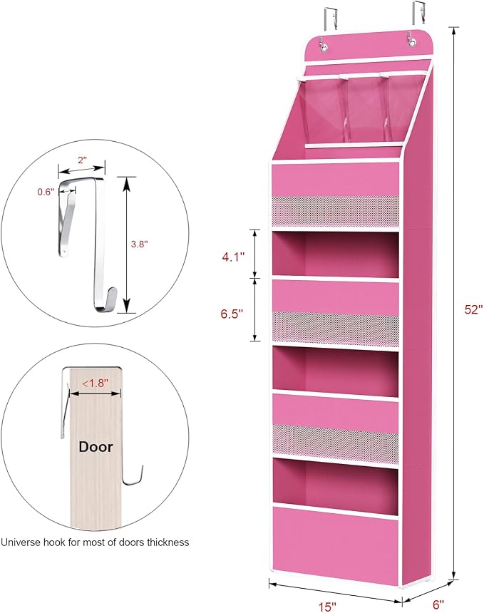 Univivi Fabric Over Door Hanging Organizer for Baby Nursery, Pink, 5-Shelf | Door Storage with Large Capacity Breathable Mesh Pockets, Over Door Storage Organizer for Baby Essential, Bedroom, and Dorm