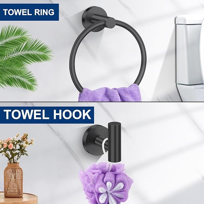 5 Pieces Matte Black Bathroom Hardware Accessories Set,24 Inch SUS304 Stainless Steel Bath Towel Holder Set, Round Bathroom Towel Bar Set, Towel Racks for Bathroom Wall Mounted