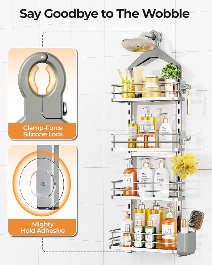 ODesign 4 Tier Adjustable Shower Caddy Hanging Over Showerhead Silver | Shower organizer hanging,no drilling required,comes with removable hook and storage box, suitable for indoor showers