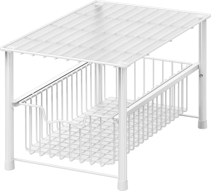 Simple Houseware Wired Stackable Under Sink Cabinet Sliding Basket, White | Free Standing Organizer Drawer, Kitchen/Pantry/Cabinet/Counter