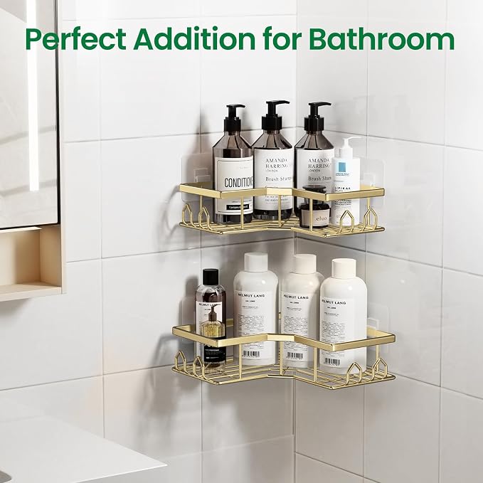 Adhesive Shower Caddy, 2 Pack Corner Bath Organizer, Rustproof Stainless Steel Shower Shelves with Large Capacity, No Drilling Shelves for Bathroom Storage, Home, Kitchen Décor(Gold)
