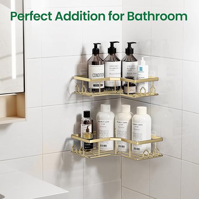 Adhesive Shower Caddy, 4 Pack Corner Bath Organizer, Rustproof Stainless Steel Shower Shelves with Large Capacity, No Drilling Shelves for Bathroom Storage, Home, Kitchen Décor(Gold)